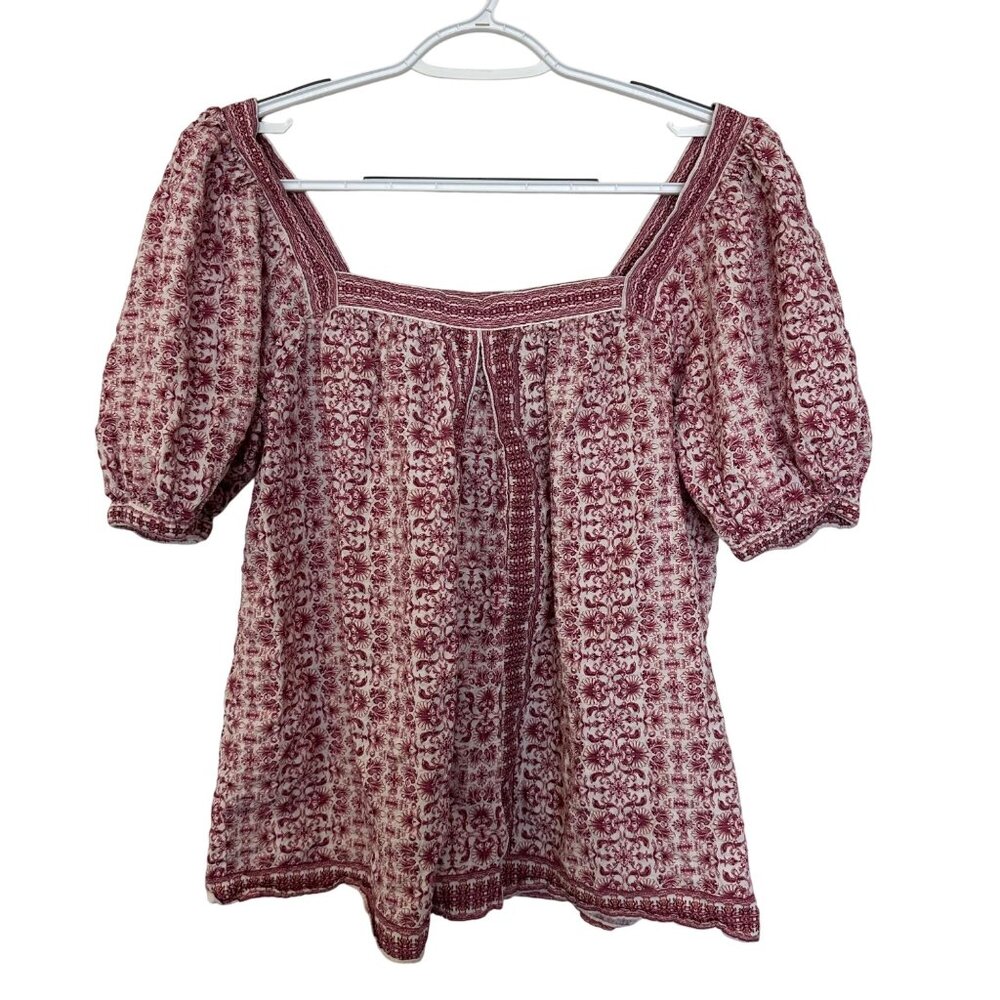 Max Studio Square Neck Puff Sleeve Top Size M Red White Cottagecore Boho Girly